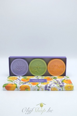 Luxe geschenkkoffer met 3 ronde zepen - lavendel, verveine, fleur d-oranger EP